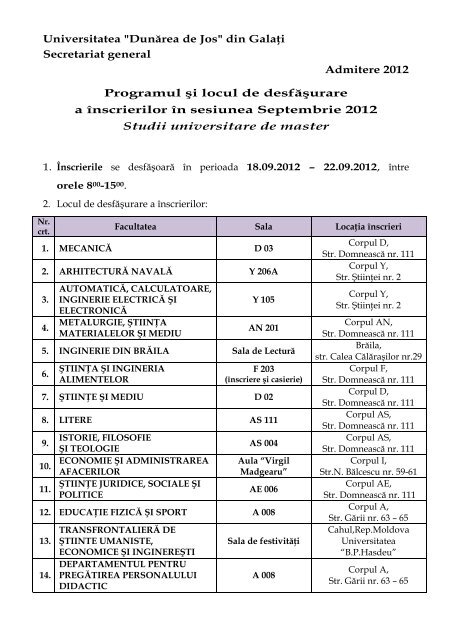 Dunaƒrea De Jos Din Galaa I Secretariat General Admitere 2012