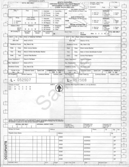 Tr310 Form South Carolina TR-310 Crash Report Form, revised 2/1997 - NHTSA