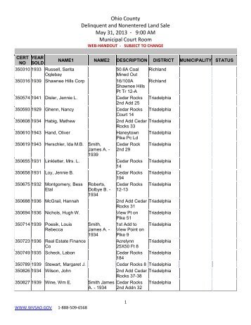 Ohio County Delinquent and Nonentered Land Sale May 31, 2013 ...