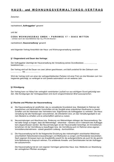 Haus Und Wohnungsverwaltungs Vertrag Ceba Gmbh