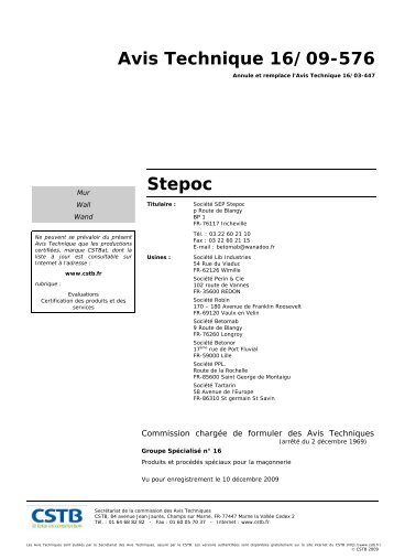 Avis Technique 16/09-576 Stepoc - Perin & Cie