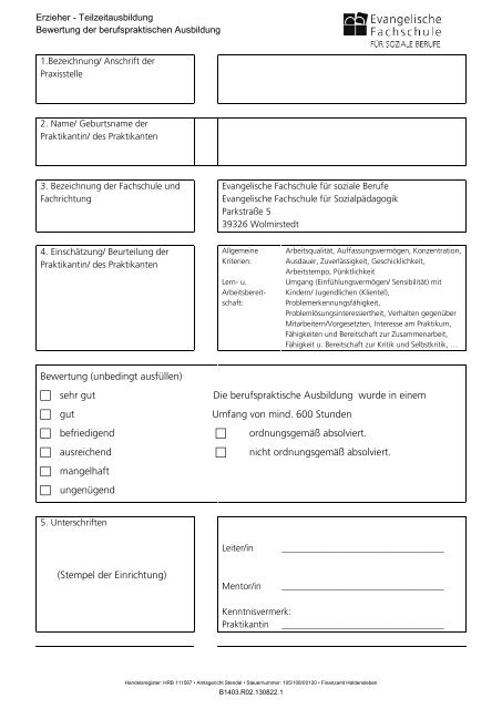TZA 1-3_Bewertung_berufspraktischen Ausbildung - Evangelische ... TZA 1-3_Bewertung_berufspraktischen Ausbildung - Evangelische ...