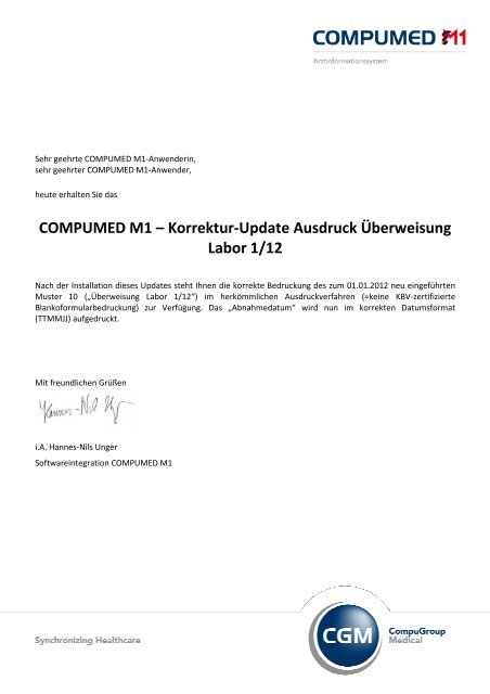 Korrektur-Update Ausdruck Überweisung Labor 1/12 - CompuMED M1