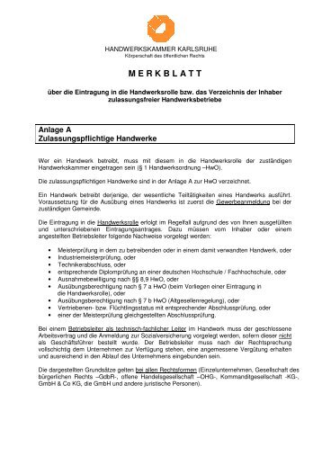 Merkblatt zur Eintragung in Rolle - mit Handwerken