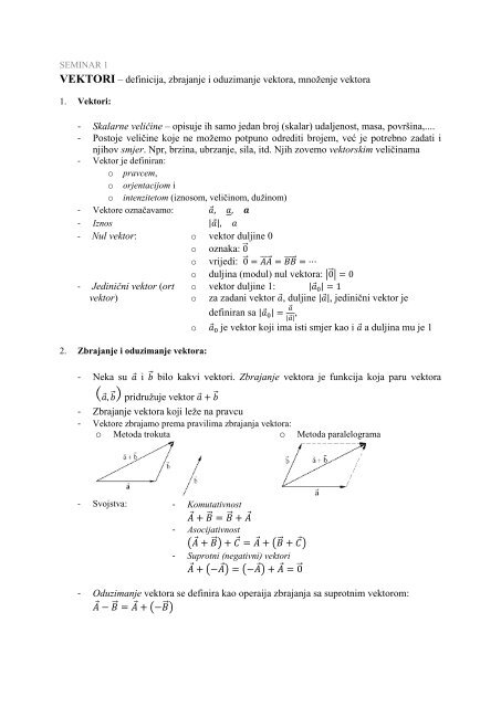 VEKTORI â definicija, zbrajanje i oduzimanje vektora, mnoÅ¾enje ...