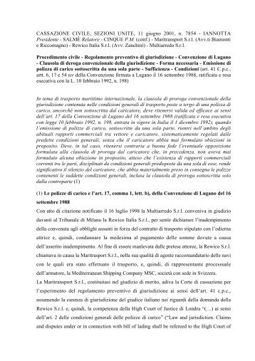 Le polizze di carico e l'art.17 della Convenzione di Lugano