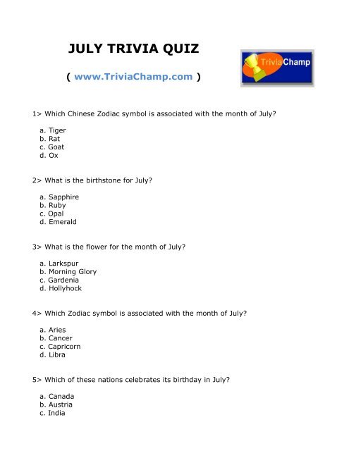 July Trivia Quiz Trivia Champ