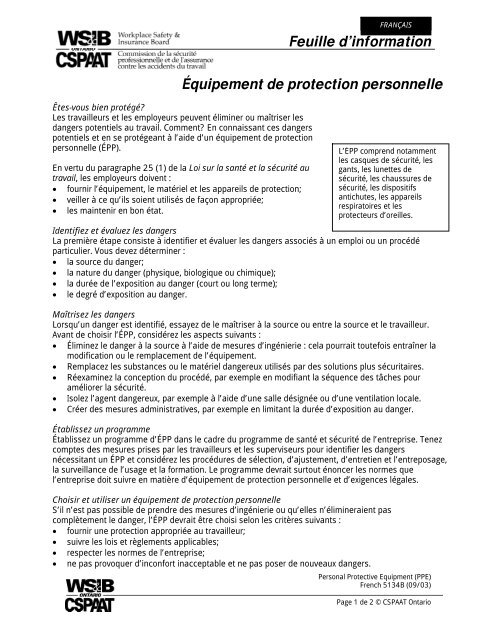 Protection Rapproche Personnelle Feuille d'information Équipement de protection personnelle - wsib