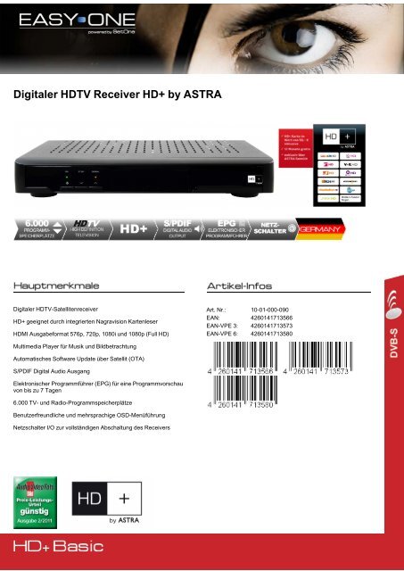 Digitaler HDTV Receiver HD+ by ASTRA - SetOne