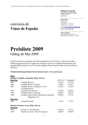 Vinos de España Preisliste 2009 - convinos.de