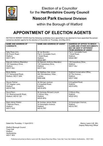 appointment of election agents - Hertfordshire County Council