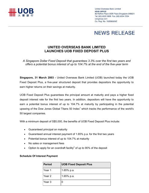 united overseas bank limited launches uob fixed deposit plus