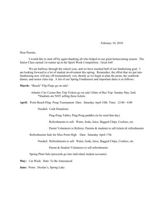 Spring Fundraiser Letter To Parents Point Pleasant Beach School