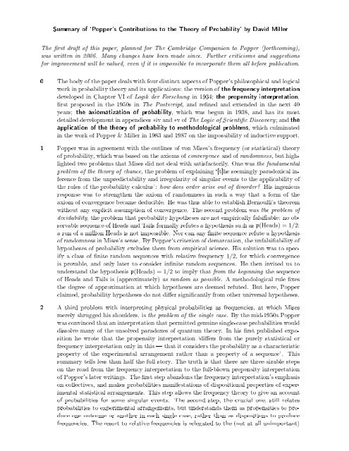 Summary of `Popper's Contributions to the Theory of Probability' by ...