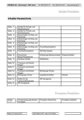 GerÃ¤te-Preislisten Inhalts-Verzeichnis Puraqleen ... - Promag AG