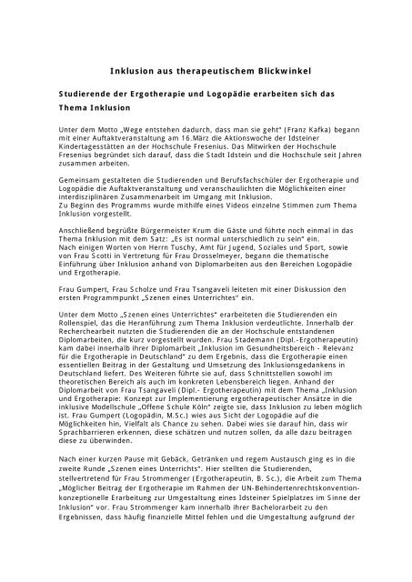Inklusion Aus Therapeutischem Blickwinkel Hochschule Fresenius