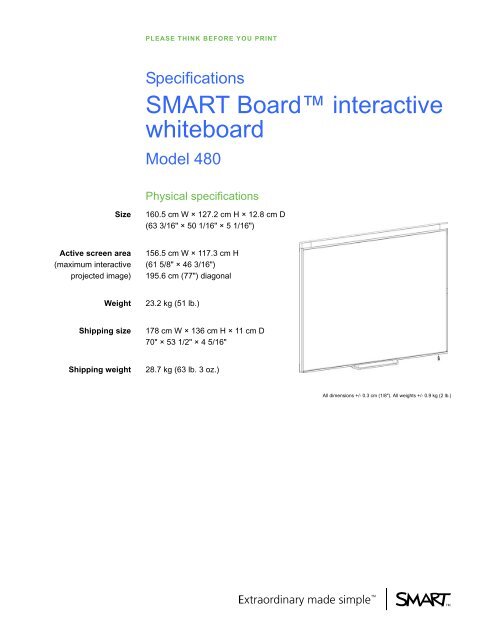 SMART Board 480 interactive whiteboard specifications