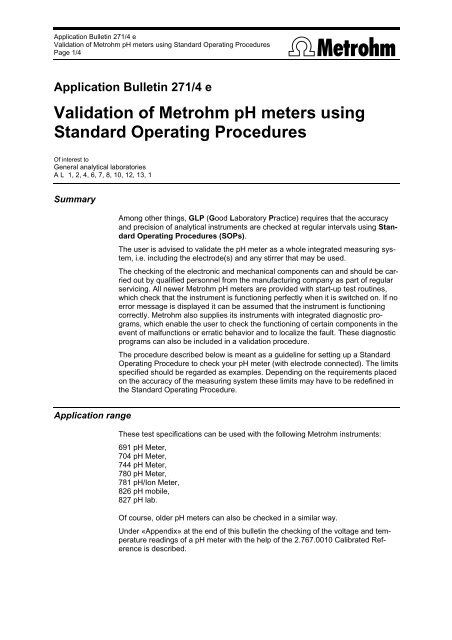 AB 271/3 e, Validation of Metrohm pH meters using Standard ...