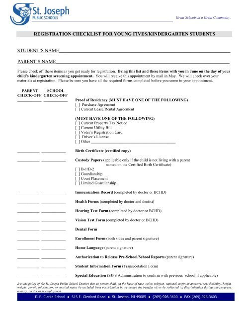 Young Fives and Kindergarten Enrollment Forms - St. Joseph Public ...