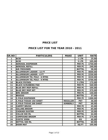 PRICE LIST PRICE LIST FOR THE YEAR 2010 - 2011