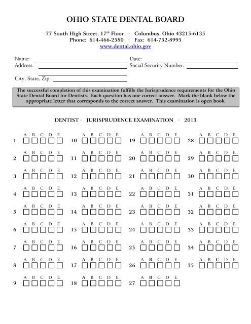 Answer Sheet For Dentist The Ohio State Dental Board