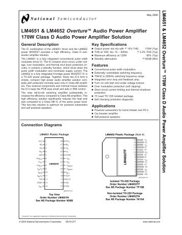 LM4651 & LM4652 170W Class D Audio Power Amplifier ...