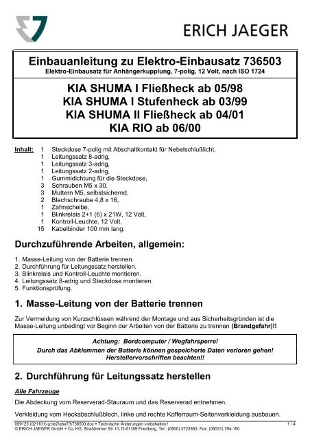 Einbauanleitung Erich Jaeger | Elektrosatz fÃ¼r Kia Rio ... - Bertelshofer