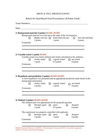 SHOW & TELL PRESENTATIONS Rubric for SmartBoard Oral ...