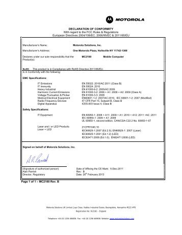 Declaration of Conformity - MC2100 - EU - Motorola Solutions