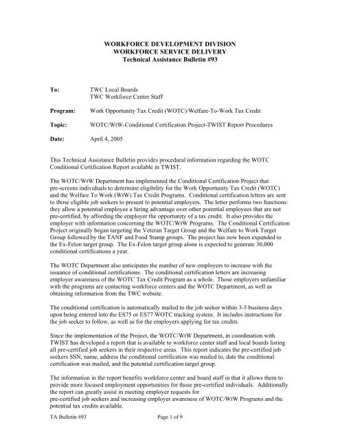 TA Bulletin 93: WOTC/WtW-Conditional Certification Project-TWIST ...