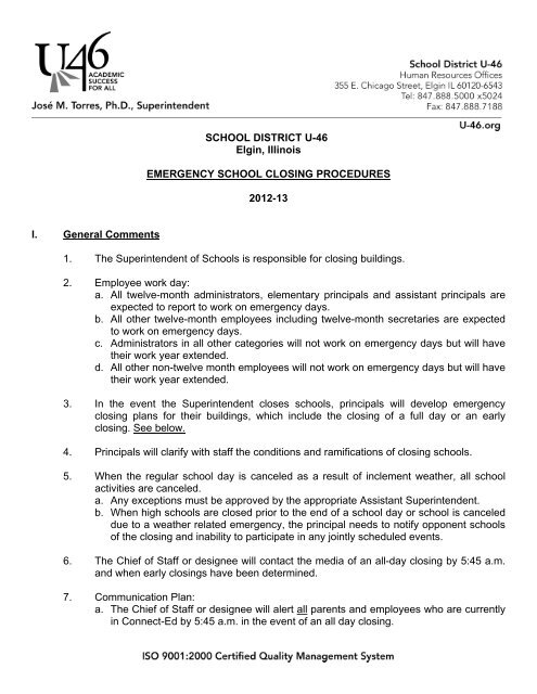 Emergency Closing Procedures 2012-13 - School District U-46