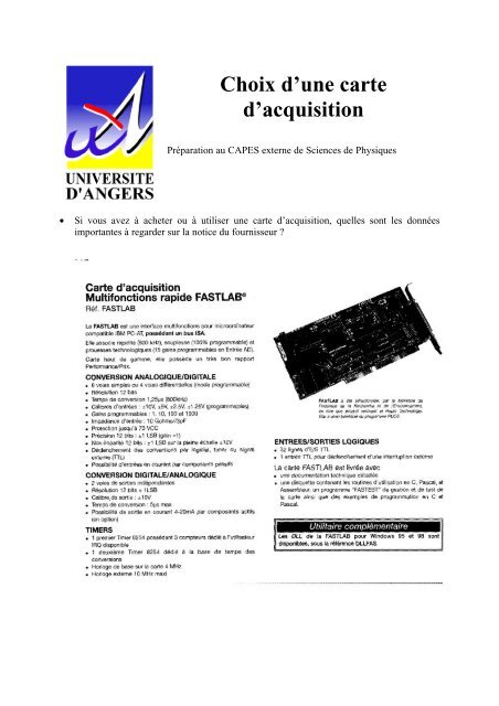 Exercice carte d'acquisition - UniversitÃ© d'Angers