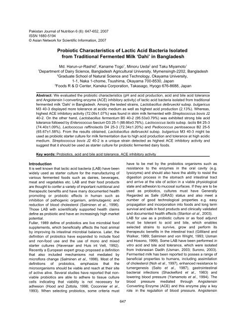 Probiotic characteristics of lactic acid bacteria isolated from tra