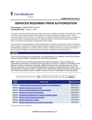 services requiring prior authorization - Oxford Health Plans