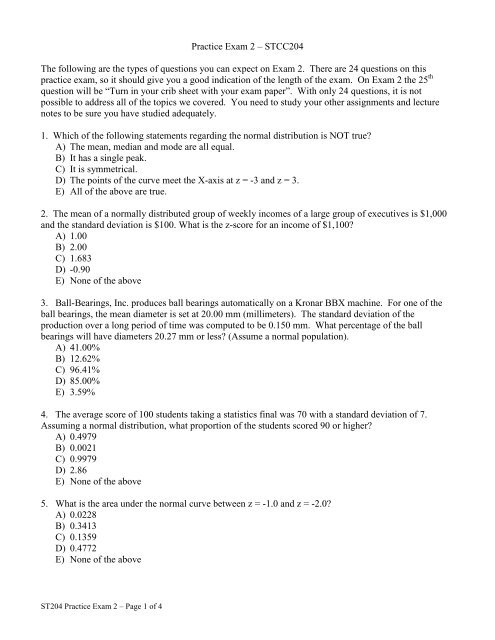 Practice Exam 2 â STCC204 The following are the types ... - Statistics