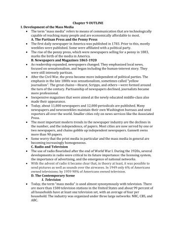 Chapter 9 OUTLINE I. Development of the Mass Media â¢ The term ...