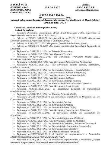 proiect de hotarare buget initial 2011 - Primaria Municipiului Arad