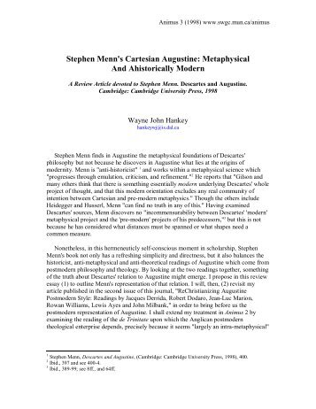 Stephen Menn's Cartesian Augustine: Metaphysical And ...