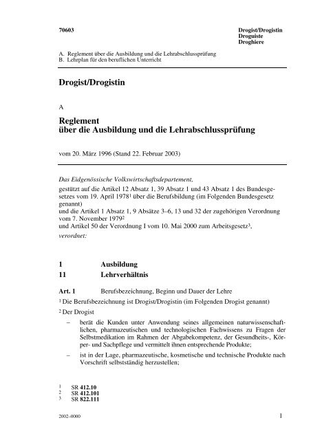 Drogist/Drogistin Reglement ÃƒÂ¼ber die Ausbildung und die ...