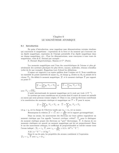 Chapitre 6 LE MAGNETISME ATOMIQUE