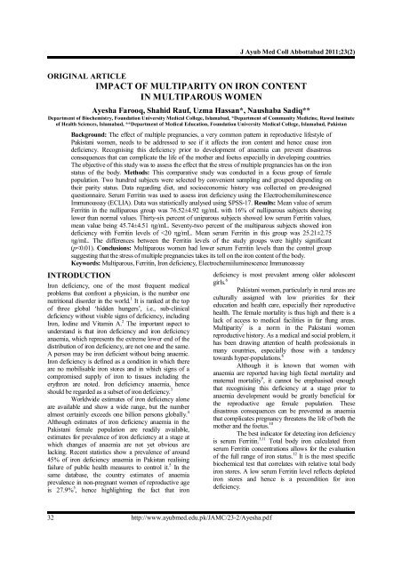 impact of multiparity on iron content in multiparous women