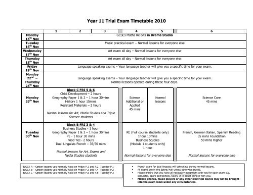 Year 11 Trial Exam Timetable 2010 - Chailey School