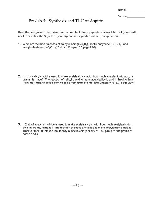 Pre Lab 5 Synthesis And Tlc Of Aspirin