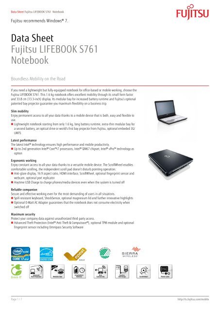 Data Sheet Fujitsu LIFEBOOK S761 Notebook