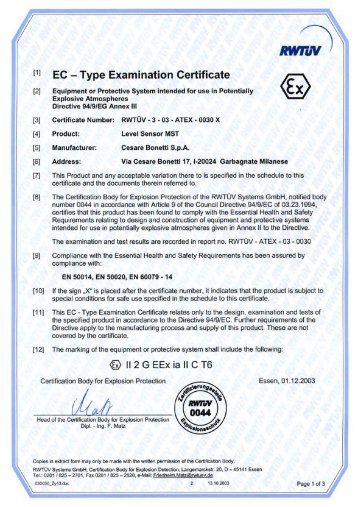 ATEX Certification of MST System - Cesare Bonetti Spa