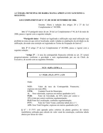 projeto de lei complementar - Prefeitura Municipal de Barra Mansa