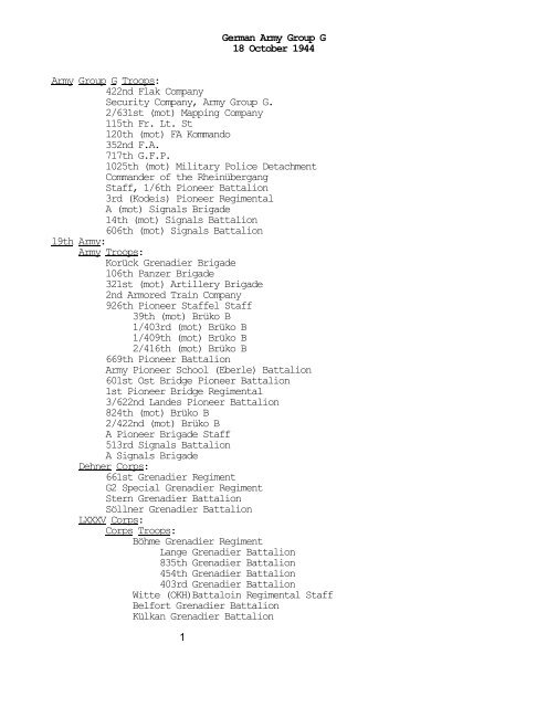 German Army Group G, 18 October 1944 - CGSC