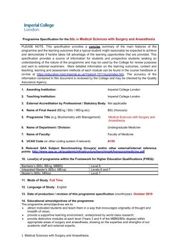 Programme Specification for the BSc in Medical Sciences with ...