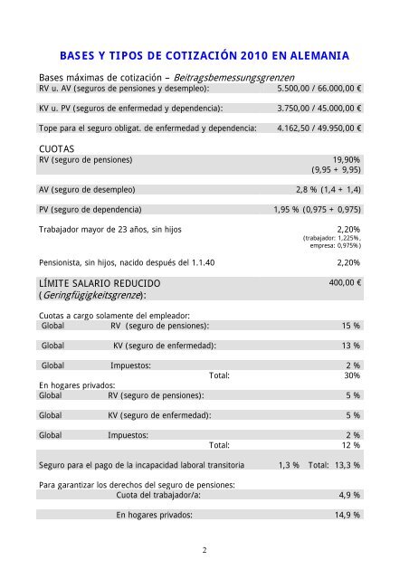 Bases y tipos de cotizaciÃƒÂ³n para la seguridad social 2010