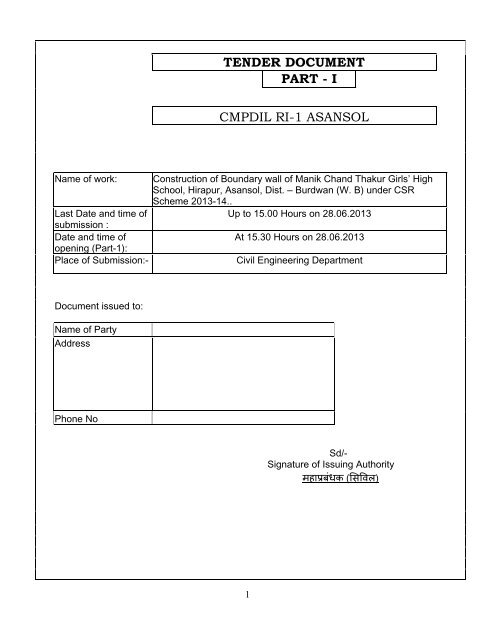 tender document part - i cmpdil ri-1 asansol - Tenders India